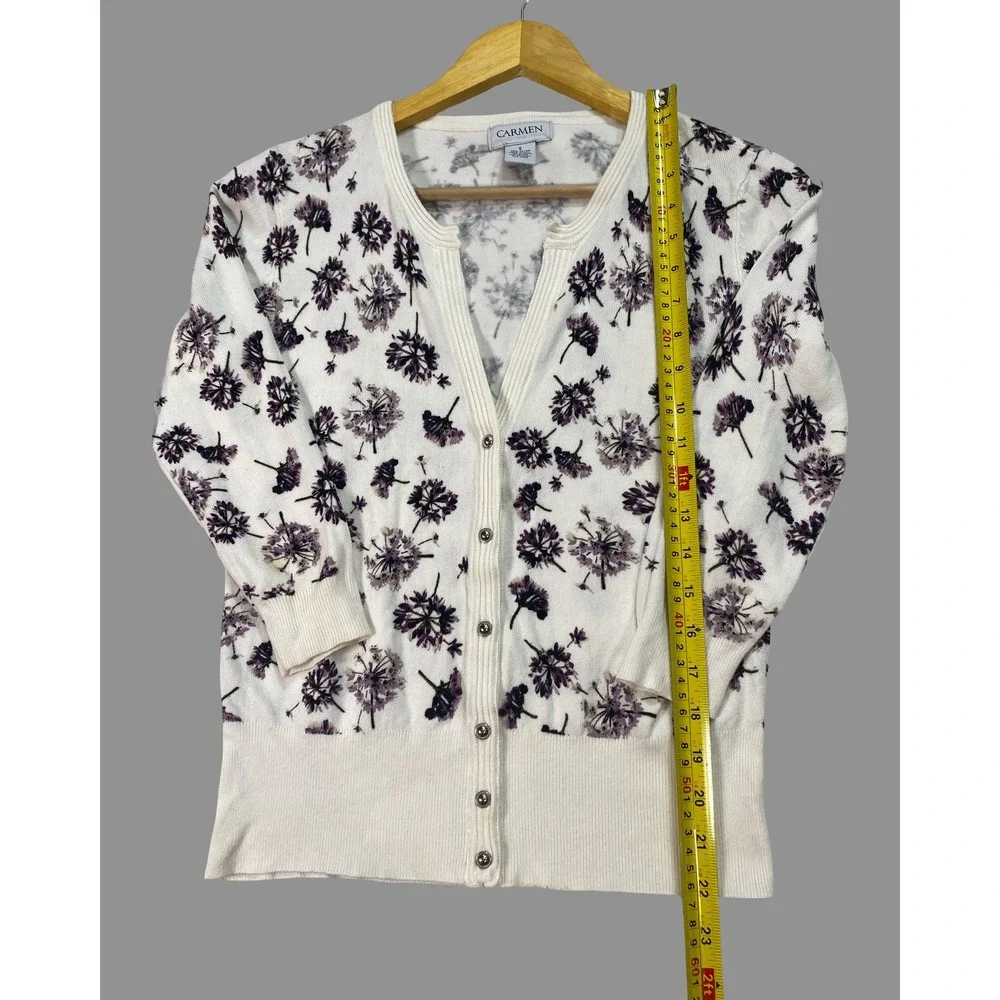 Carmen Marc Valvo Womens Floral‎ Snap Front Cardigan White Purple 3/4 Sleeve S